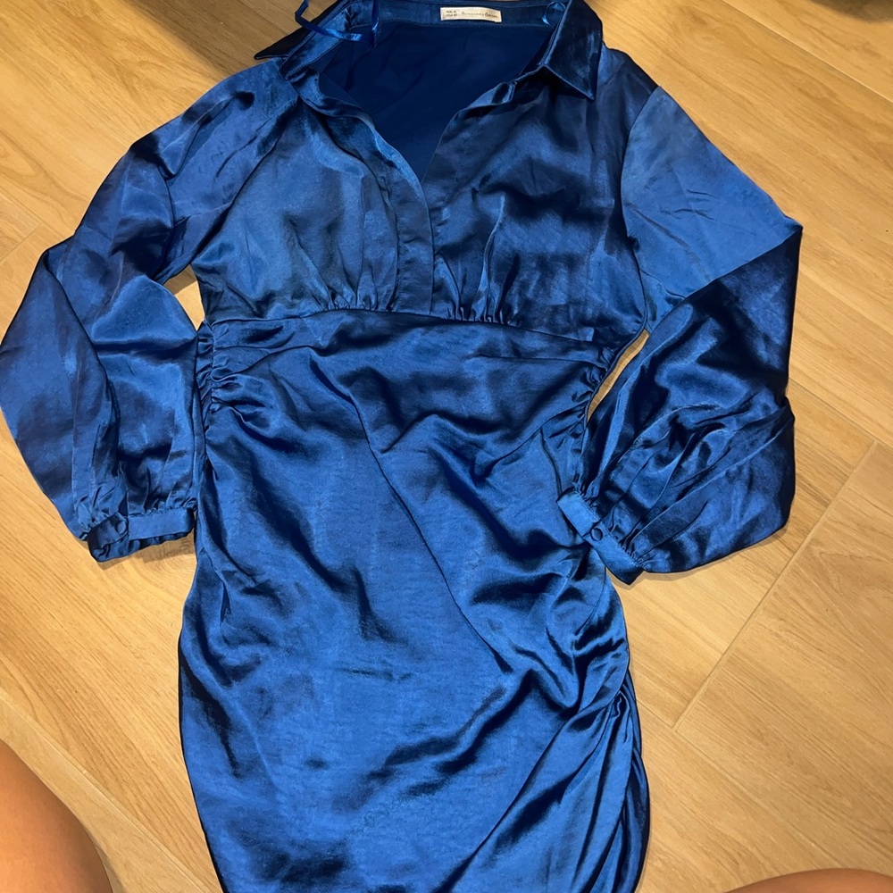 Satin Blue Long Sleeve Dress